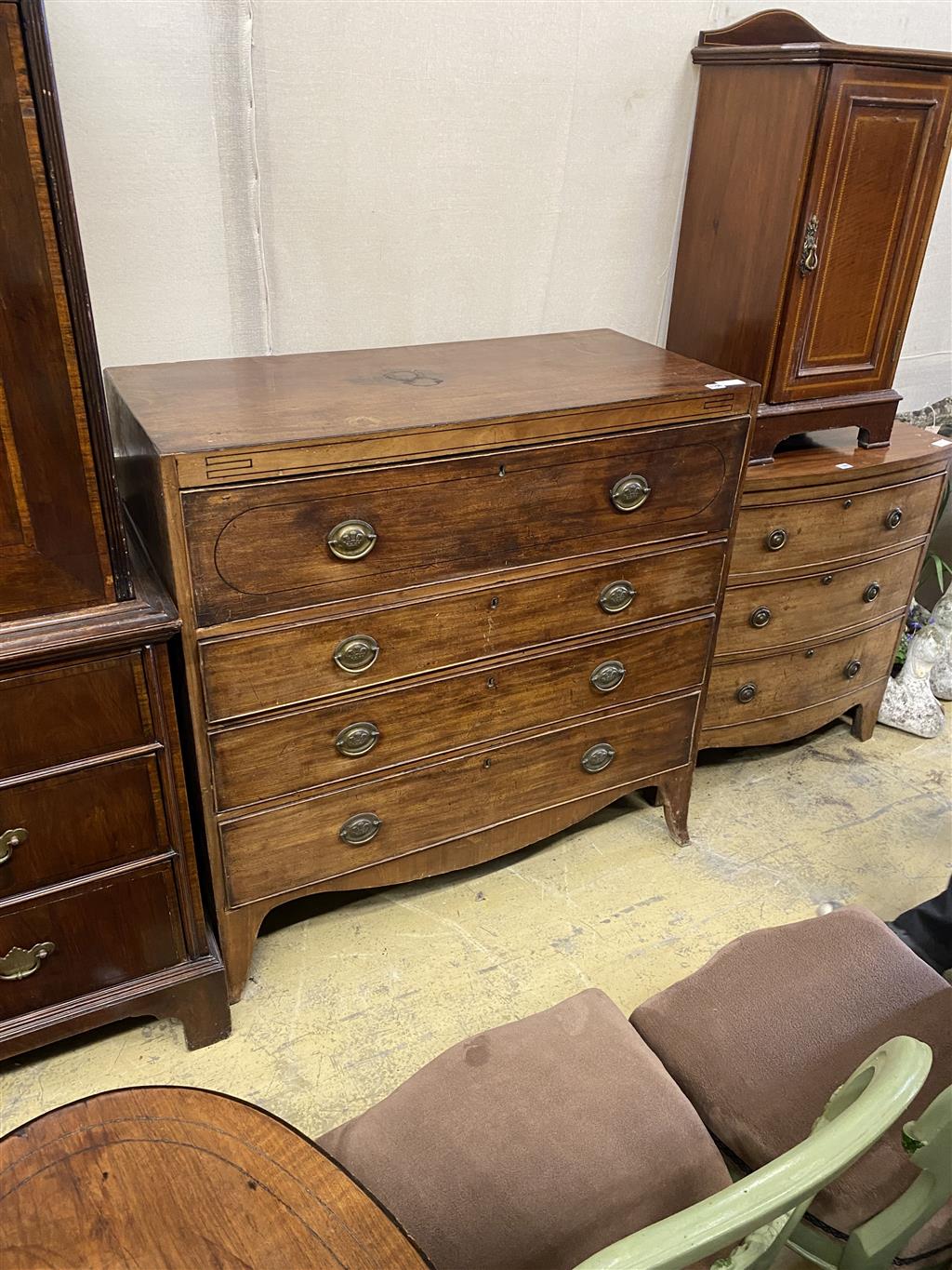 A Regency mahogany and ebony line inlaid secretaire chest of drawers, width 106cm, depth 50cm, height 106cm